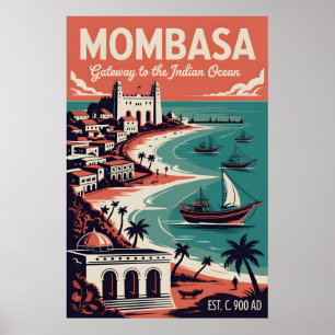 Arte de cartel retro de viaje a Mombasa Kenia