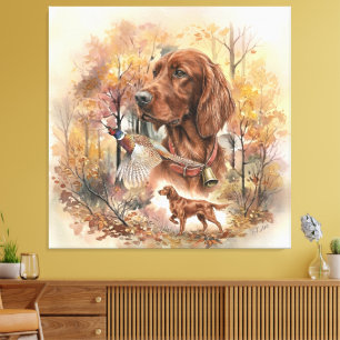 Arte de caza de Setter Irlandés y faisán en otoño