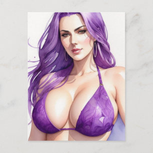 Arte de chica en bikini tarjeta postal Pelo púrpur