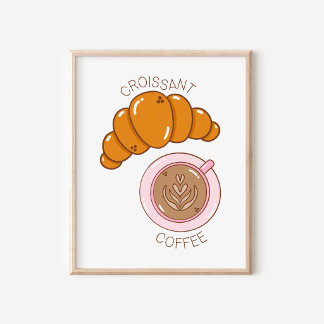 Arte de cocina de croissant y café dibujado a mano