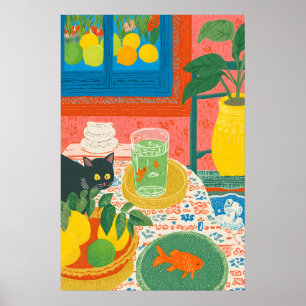 Arte de cocina de gato y pez de colores Colorido a