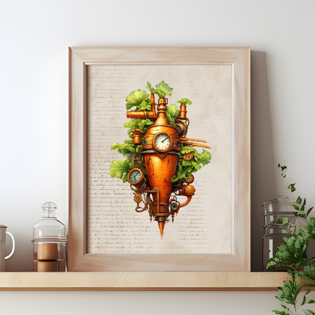 Arte de cocina de Steampunk, Carrot (Steampunk wall art shown in a frame on a kitchen shelf)