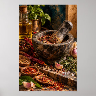 Arte de cocina rústica de mortero y maja de especi