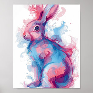 Arte de conejo colorido para pared – Azul y rosa