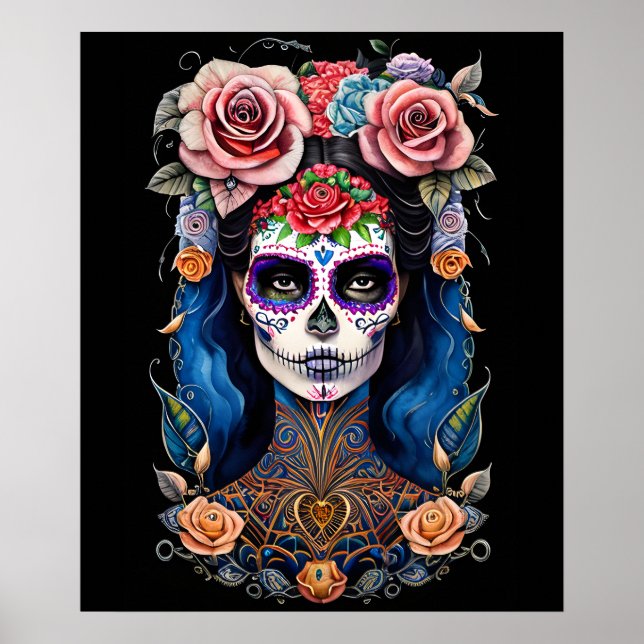Arte de Cráneo de Azúcar - Mujer con maquillaje de (Frente)