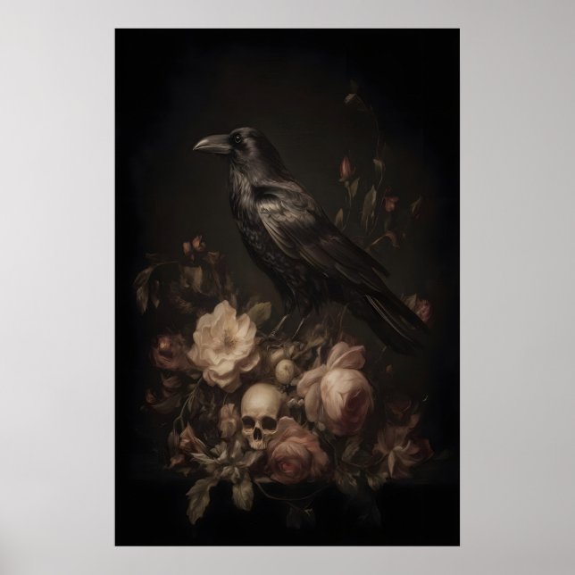 Arte de cráneo de cuervo gótico, estampado floral  (Frente)