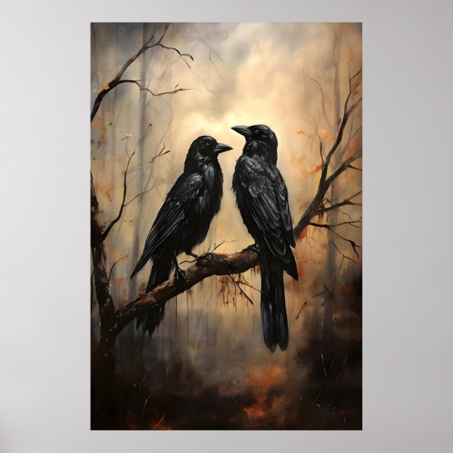 Arte de cuervo gótico, bosque oscuro, óleo de cuer (Frente)