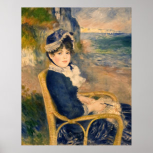 Arte de dama francesa vintage tejiendo en la playa