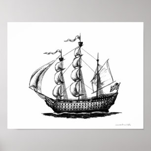 Arte de dibujo de lápiz con tinta de barco de vela