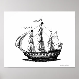 Arte de dibujo de lápiz con tinta de barco de vela