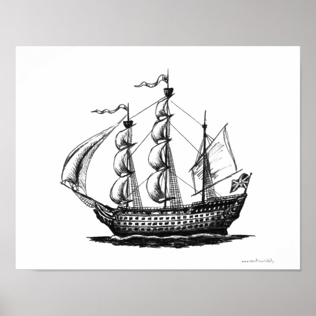 Arte de dibujo de lápiz con tinta de barco de vela (Frente)