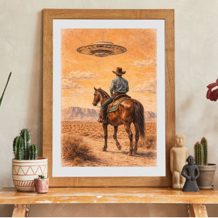 Arte de escena desértica de vaquero y ovni, cienci