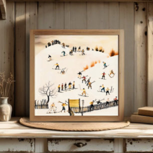 Arte de esquiadores vintage, pintura de paisaje in