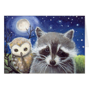 Arte de fantasía de mapache y búho lindo