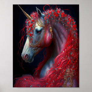 Arte de fantasía de Unicornio con joyas rojas