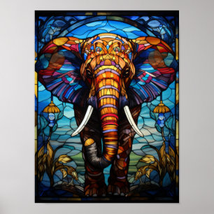 Arte de fauna y flora en vidrio emplomado elefante