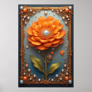 Arte de Flor Naranja Ornamentada en Marco Dorado