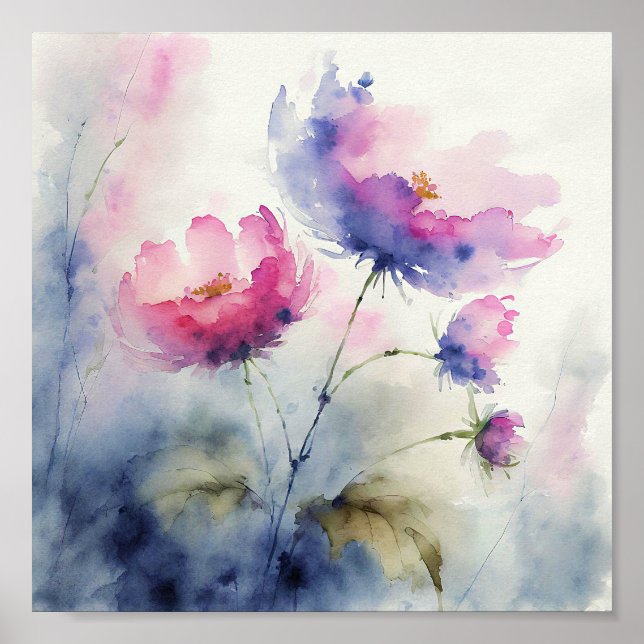 Arte de flores acuarelas púrpura y rosa (Frente)