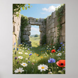 Arte de flores de pradera en ruinas de muro de pie