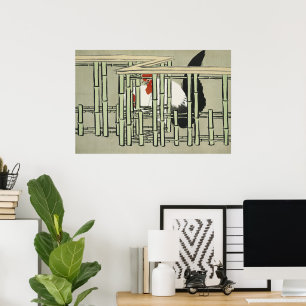 Arte de gallo japonés vintage detrás de una cerca