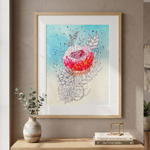 Arte de garabato de tinta floral en acuarela rosa 