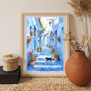 Arte de gato de acuarela del callejón azul mediter