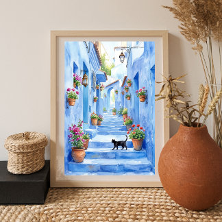 Arte de gato de acuarela del callejón azul mediter