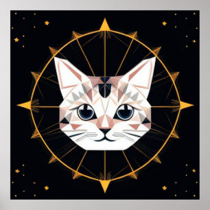 Arte de gato geométrico con estrellas doradas para
