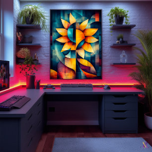 Arte de girasol abstracto - Flor geométrica en neg
