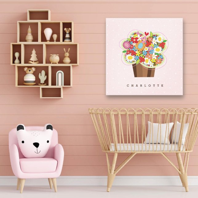 Arte de guardería de Cupcake dulce con flores capr (Whimsical Colorful Spring Flowers Sweet Cupcake Baby Girl's Nursery Art Canvas Print @ fat_fa_tin)