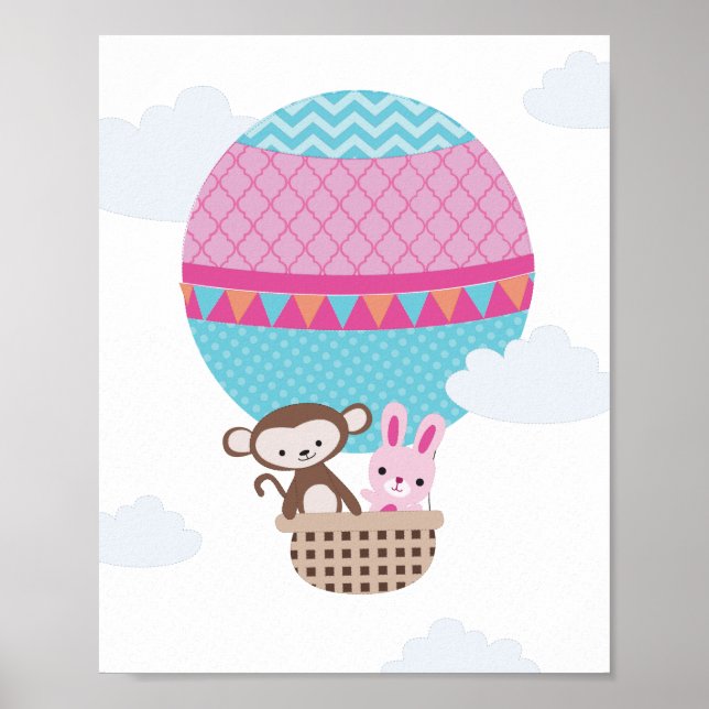 Arte de guardería de mono y conejo en globo aerost (Frente)