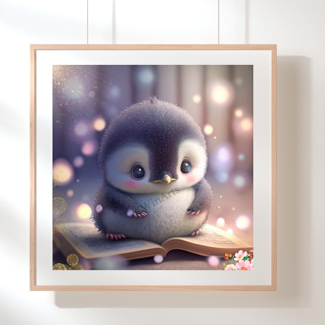 Arte de guardería de pingüino bebé lindo leyendo u (Subido por el creador)