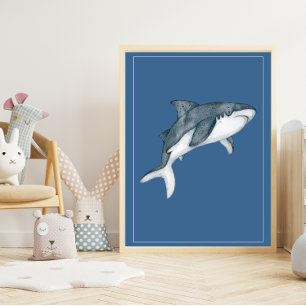 Arte de guardería de tiburón acuarela sobre azul p