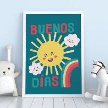 Arte de guardería del sol feliz azul en cartel esp