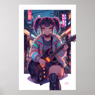 Arte de guitarra de roquera de anime cyberpunk