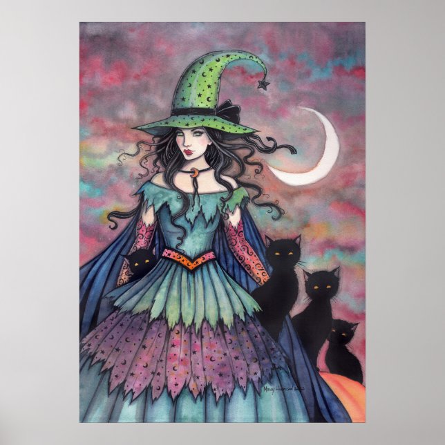 Arte de Halloween de Bruja y Gatos Negros (Frente)