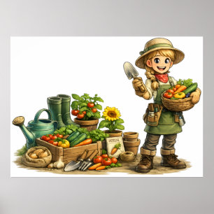 Arte de hermosa jardinera cosechando verduras