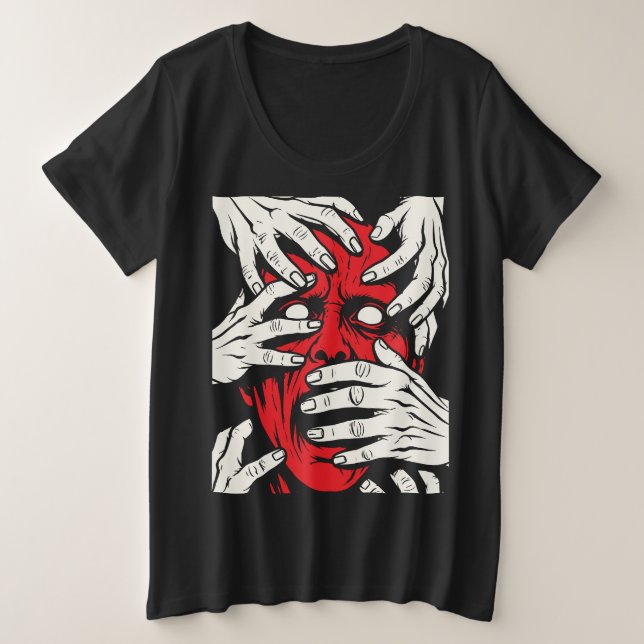 Arte de Horror de Demonio Rojo con Manos Cubriendo (Anverso del diseño)