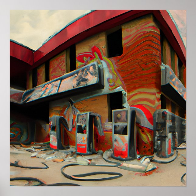 Arte de IA de gasolinera abandonada abstracta (Frente)