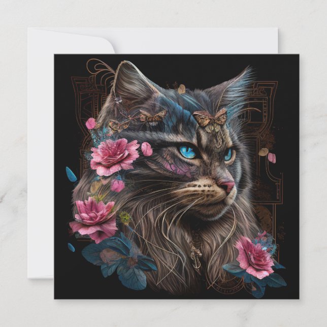 Arte de IA mágico de Maine Coon cat y flores rosad (Anverso)
