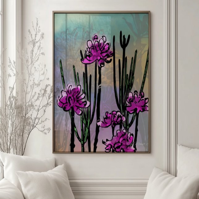 Arte de impresión botánico Desert Blooms (Contemporary botanical wall art featuring vibrant desert blooms in expressive watercolor and ink.)