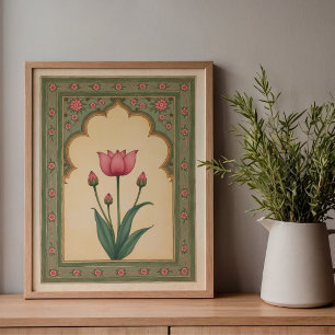 Arte de impresión floral mogol en arco de la pared