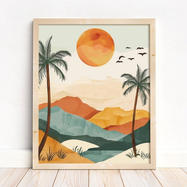 Arte de impresión para pared de paisaje de puesta  (Boho Desert Sunset Landscape Wall Art Print in a neutral wooden frame on the floor)