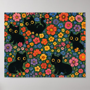 Arte de jardín Kawaii Patrón floral de gato negr