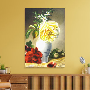 Arte de Jarrón Floral con Rosa Amarilla Antigua y