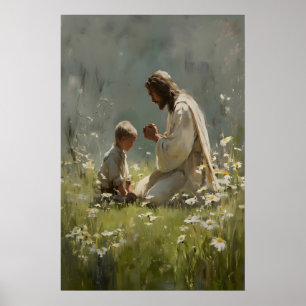 Arte de Jesús y Niño Rezando Impresión Cristiana G