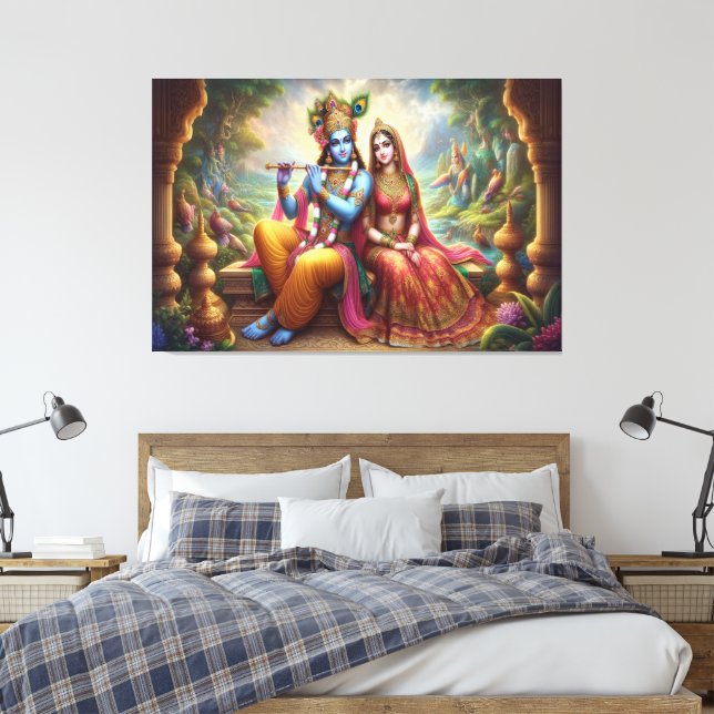 Arte de Krishna Azul: Radha & Deity Flute, Dios In (Insitu(Dormitorio))