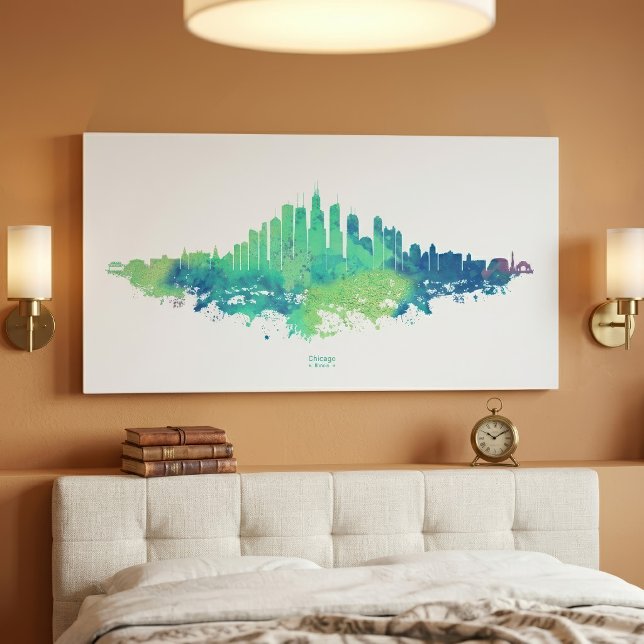 Arte de la Ciudad Acuarela Azul Verde del Horizont (Chicago Skyline Watercolor Blue Green City Art. Canvas Print)
