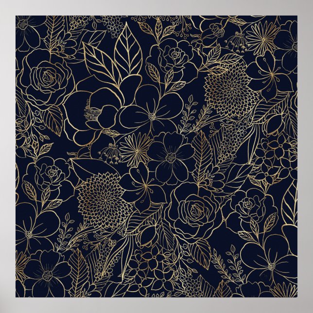 Arte de la línea de Doodles Blue Floral Gold Moder (Frente)