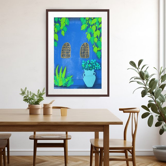 Arte de las plantas de las paredes azules de los j (Morocco Garden Blue Walls Plants Art Poster Majorelle Jardin Watercolor)